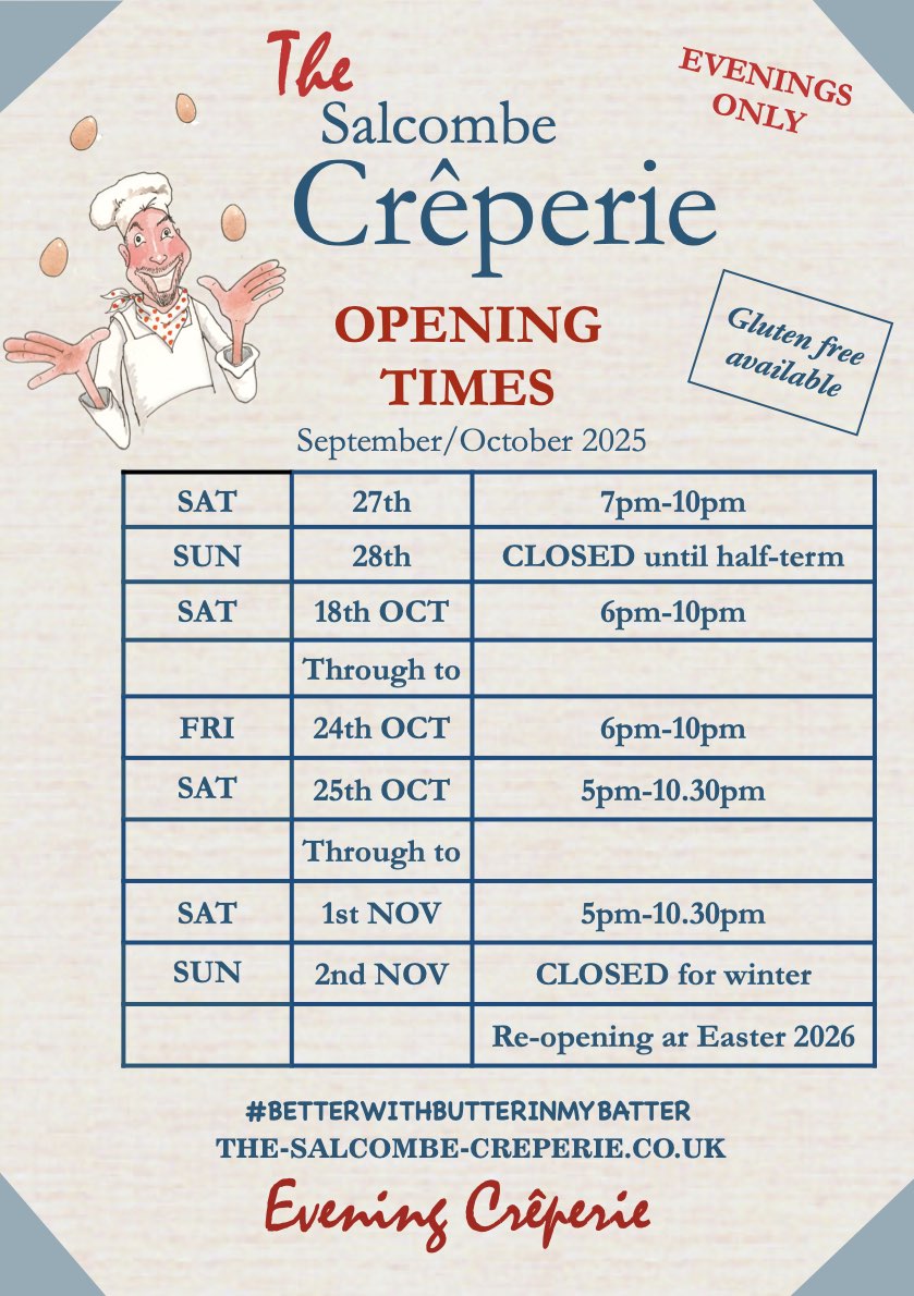 OPENING TIMES SALCOMBE CREPERIE 2025