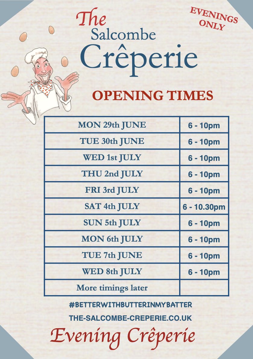OPENING TIMES SALCOMBE CREPERIE 2026