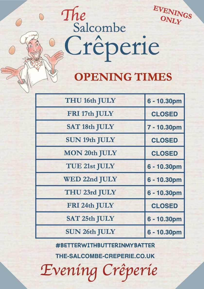 OPENING TIMES SALCOMBE CREPERIE 2026